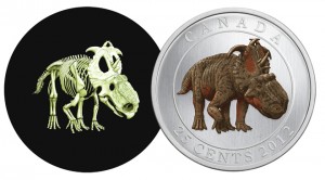 Named Most Innovative Coin, Canada’s 25-cent coin depicting Pachyrhinosaurus lakustai shows the dinosaur’s skeleton when examined in darkness.