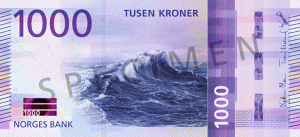 Each of the new banknotes (1,000 kroner shown) share a common theme of 'The Sea.'