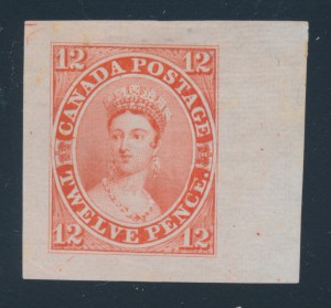 Lot 3, this 1859-78 12-pence Queen Victoria “Scar” trial colour die proof, realized $6,440.